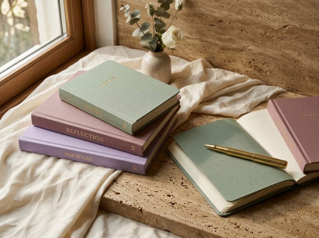 Linen journals stacked on a stone ledge beside a vase
