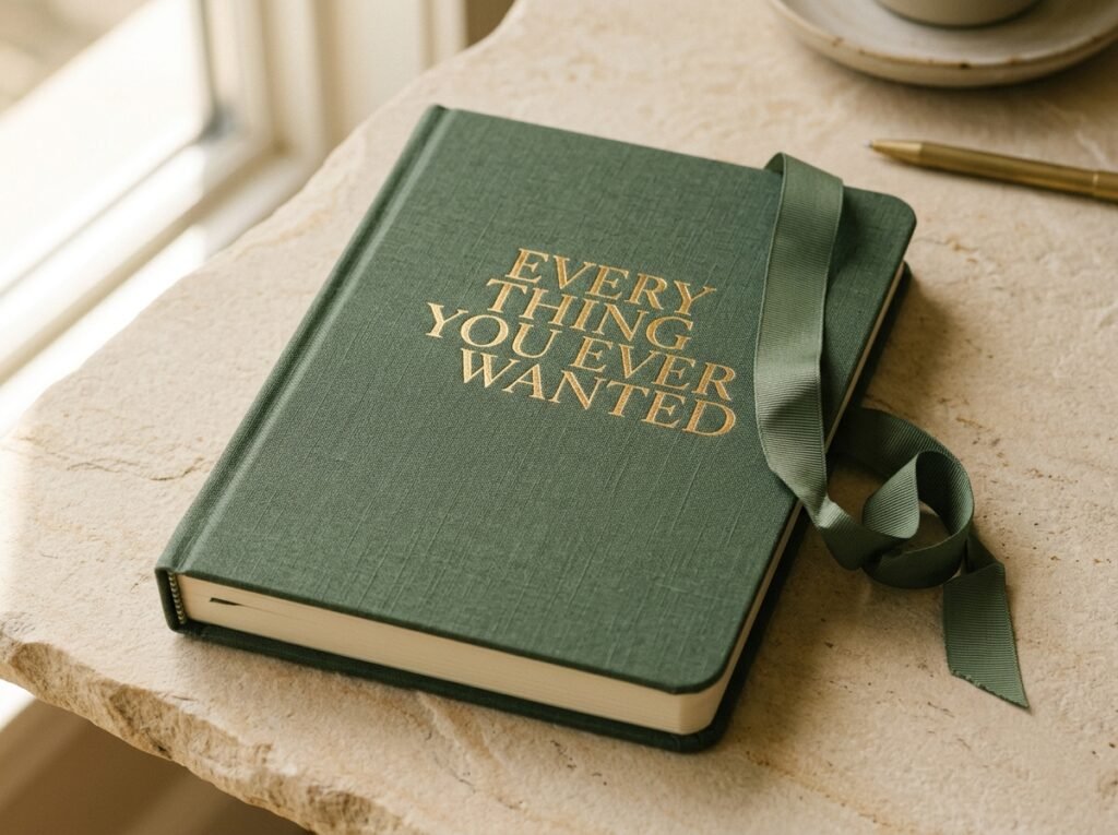 Deep green linen journal with a ribbon marker on a stone surface
