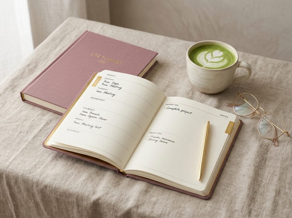 Open planner spread beside a cup of matcha and reading glasses