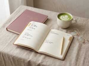 Open planner spread beside a cup of matcha and reading glasses